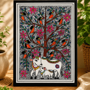 Madhubani Art : Hand Painted Sacred Cow & Calf Tree of Life - Canvas